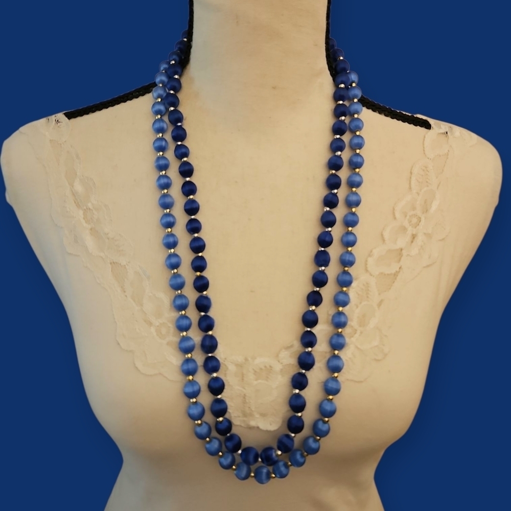 Vintage Set of Two Silk Thread Blue Beaded Necklaces